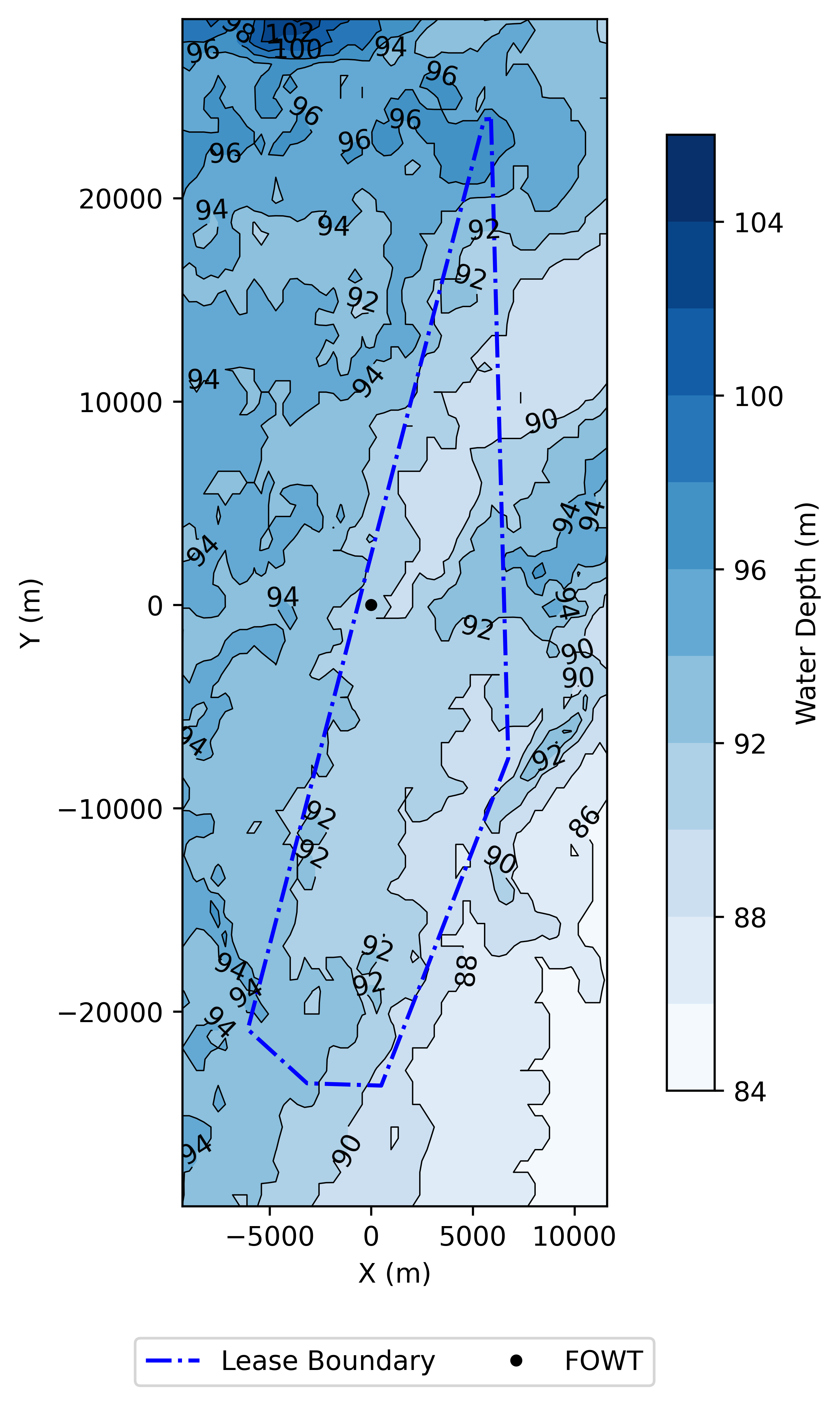2D bathymetry map of the Celtic Sea showing water depth variations across the lease area used for floating wind layout constraints