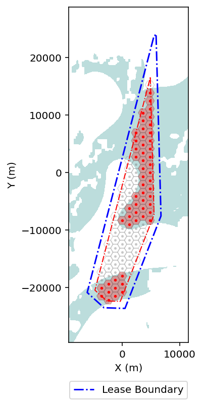 Hexagonal grid layout overlaid on feasible offshore wind area showing filtered turbine positions based on bathymetry and soil constraints