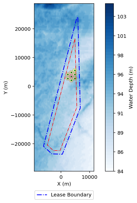 Selected 8-turbine cluster within hexagonal grid showing optimized floating wind layout based on connectivity and feasibility metrics