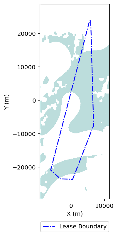 Suitability map showing feasible floating wind farm regions derived from combined bathymetry depth limits and seabed soil constraints
