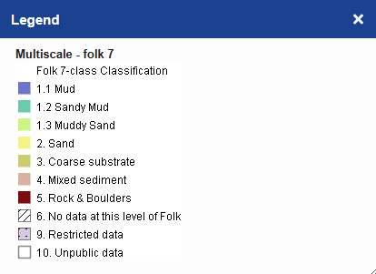 EMODnet Folk-7 classification legend showing sediment categories used for seabed mapping in offshore wind studies