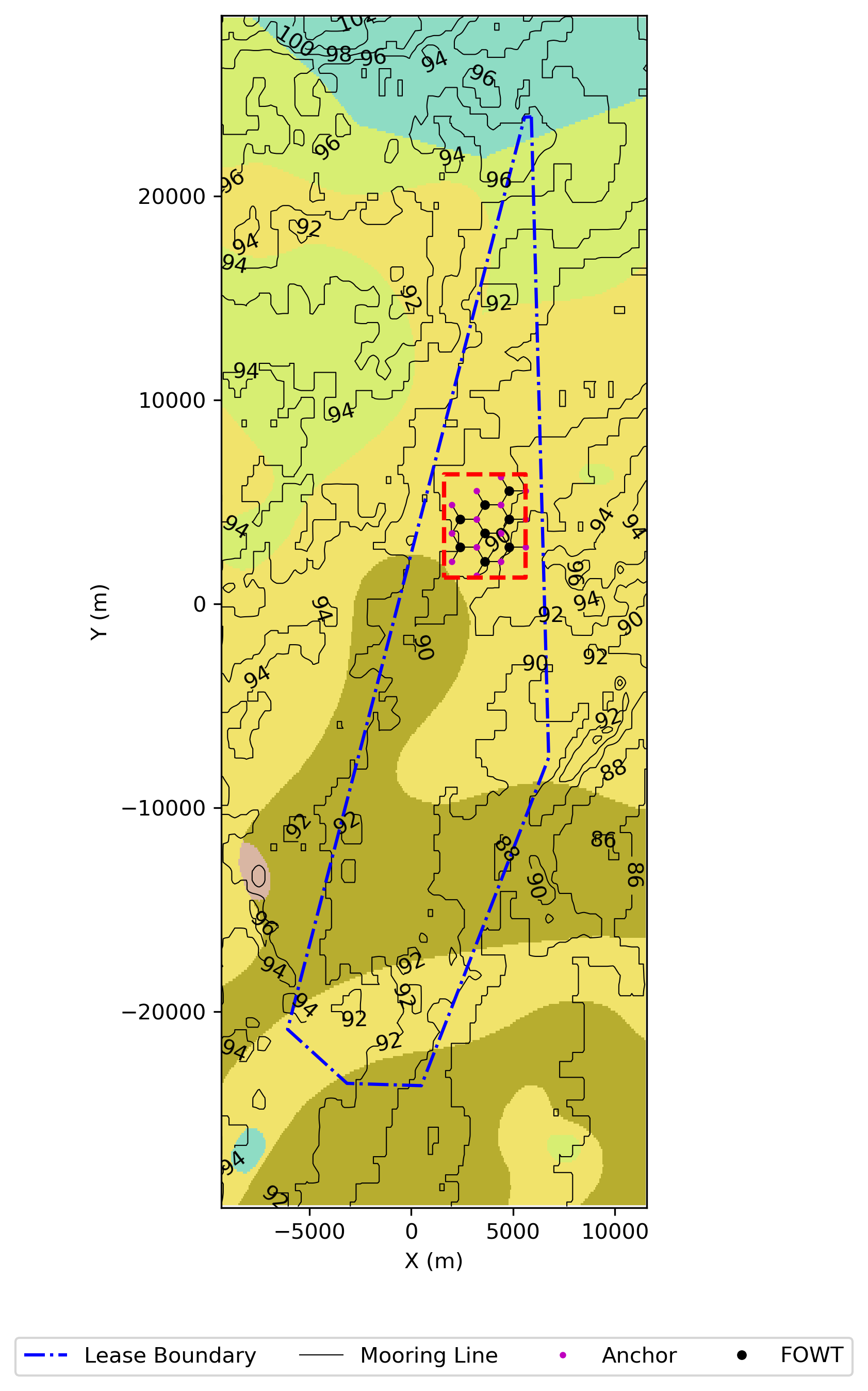 Lease boundary and cropped local domain showing selected floating wind cluster and anchor positions within the Celtic Sea lease area